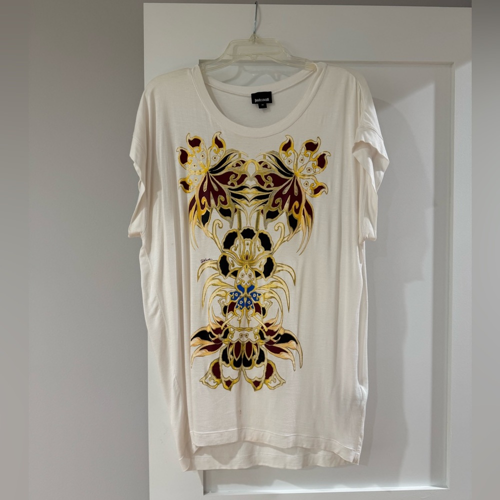 JUST CAVALLI ROBERTO WHITE GOLD PRINTED CAP SLEEVE T-SHIRT SIZE M Medium